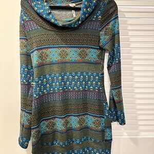 MOA USA Blue and Brown Cowl Neck Sweater with Geometric Patterns